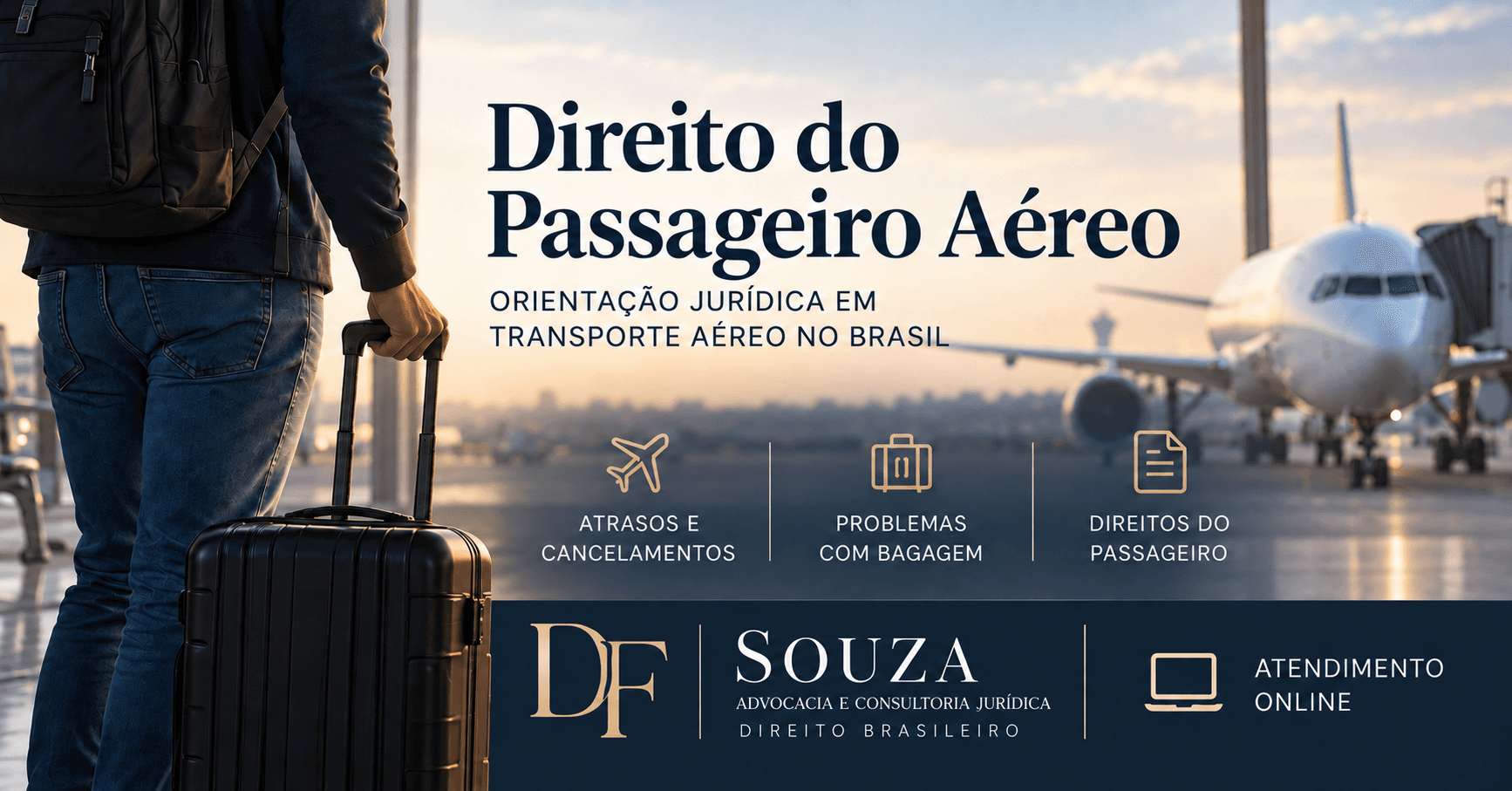 DF Souza — Direito do Passageiro Aéreo. Orientação jurídica em transporte aéreo no Brasil: atrasos e cancelamentos, problemas com bagagem e direitos do passageiro. Atendimento online em Direito Brasileiro.